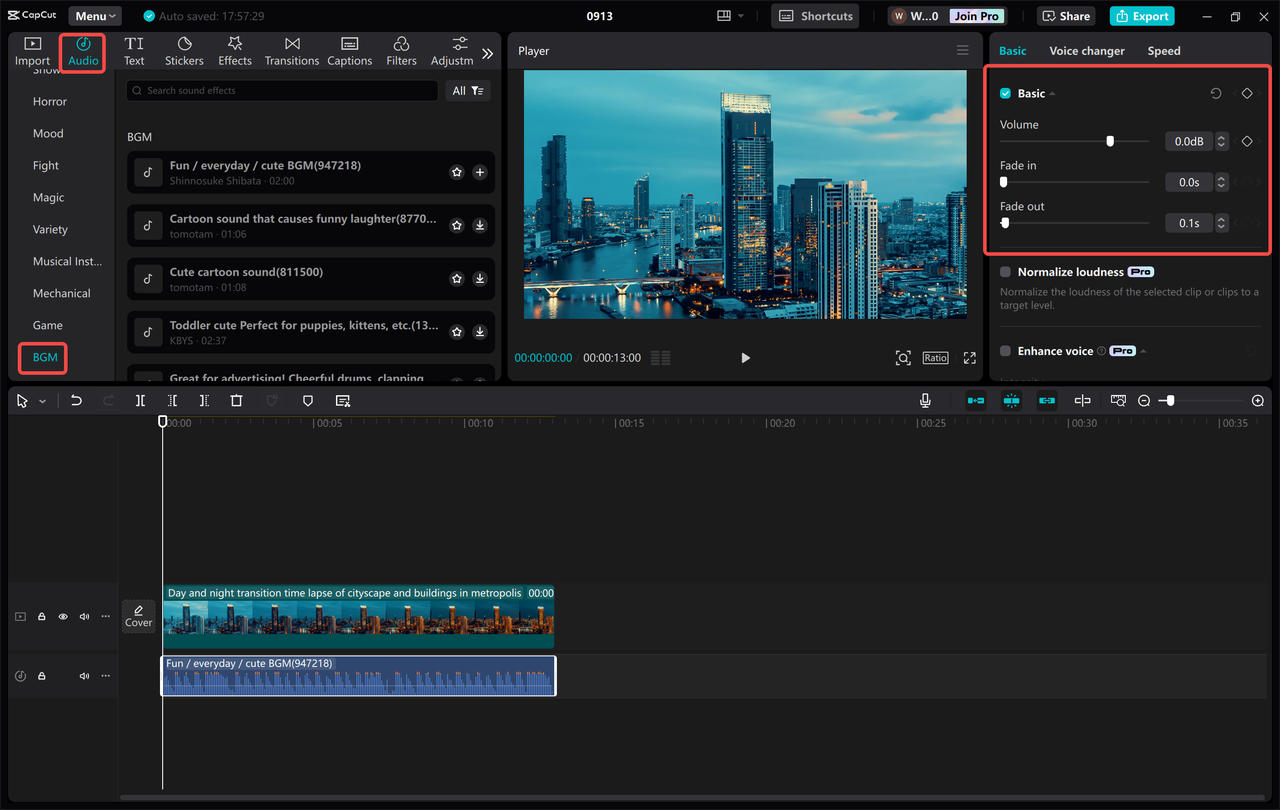 CapCut desktop editor with free BGM being added to the timeline for video editing