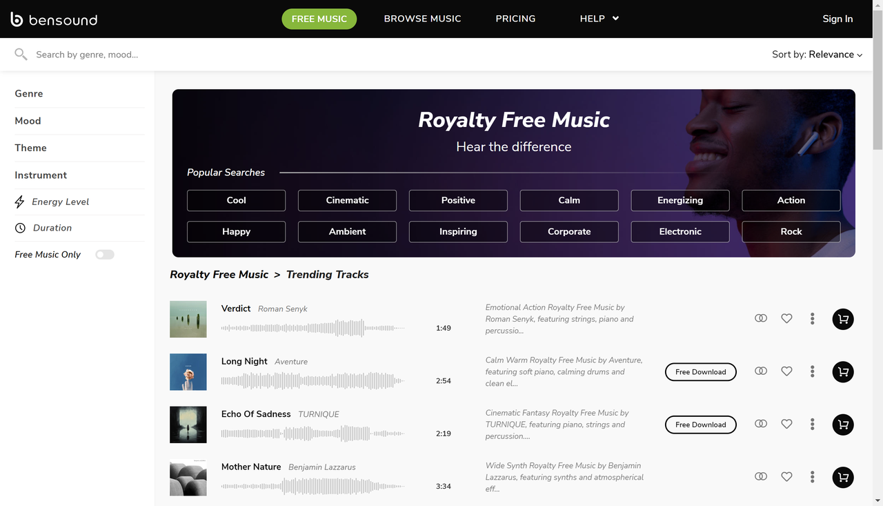 Bensound - royalty-free background music download for video projects