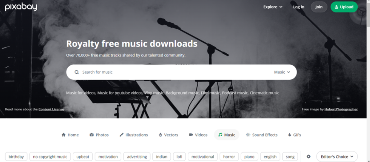 Pixabay free background music library for YouTube, offering thousands of tracks for YouTube background music download without copyright concerns