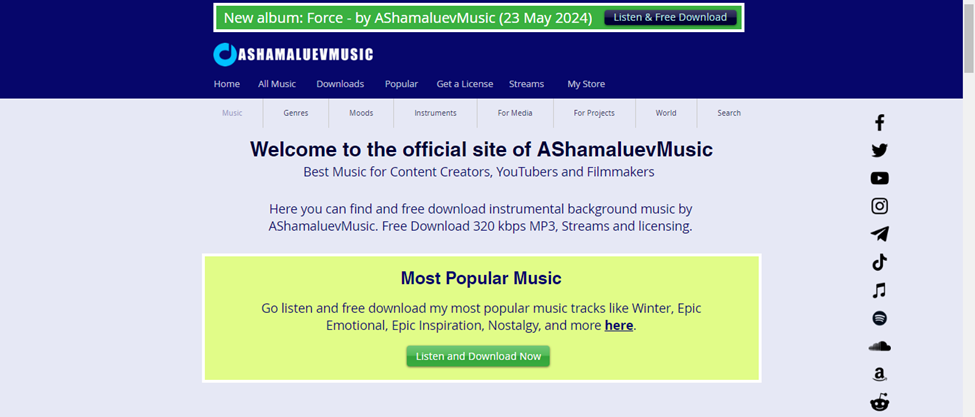 AShamaluevMusic website page offering no copyright background music for YouTube