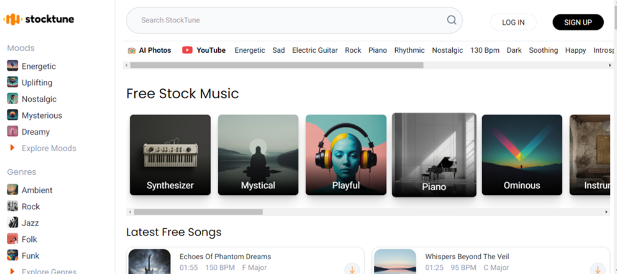 StockTune platform shows background music for YouTube videos for copyright-free use