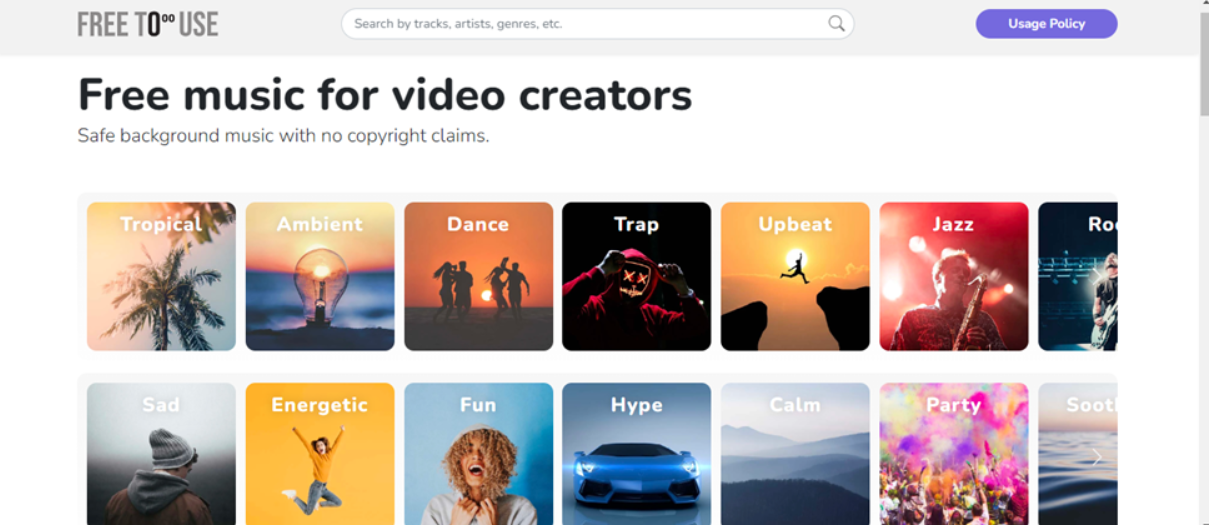 FreeToUse.com homepage with free background music for YouTube
