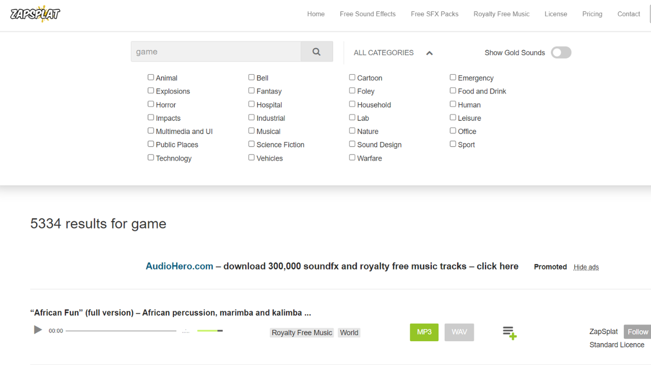 Interface of Zapsplat showing game sound effects to download for free