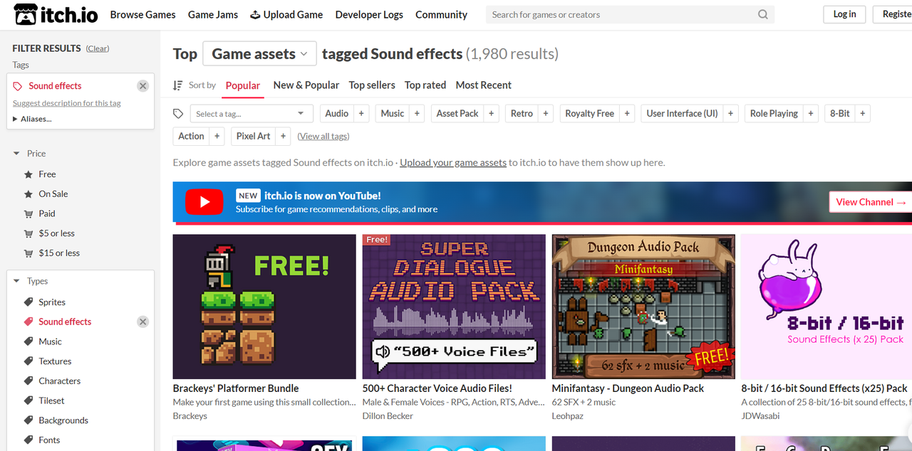 Interface of Itch.io showing popular sound effects for games