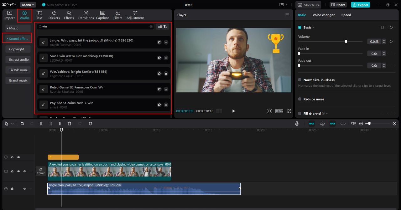 CapCut desktop video editor offers a robust selection of winning sound effects