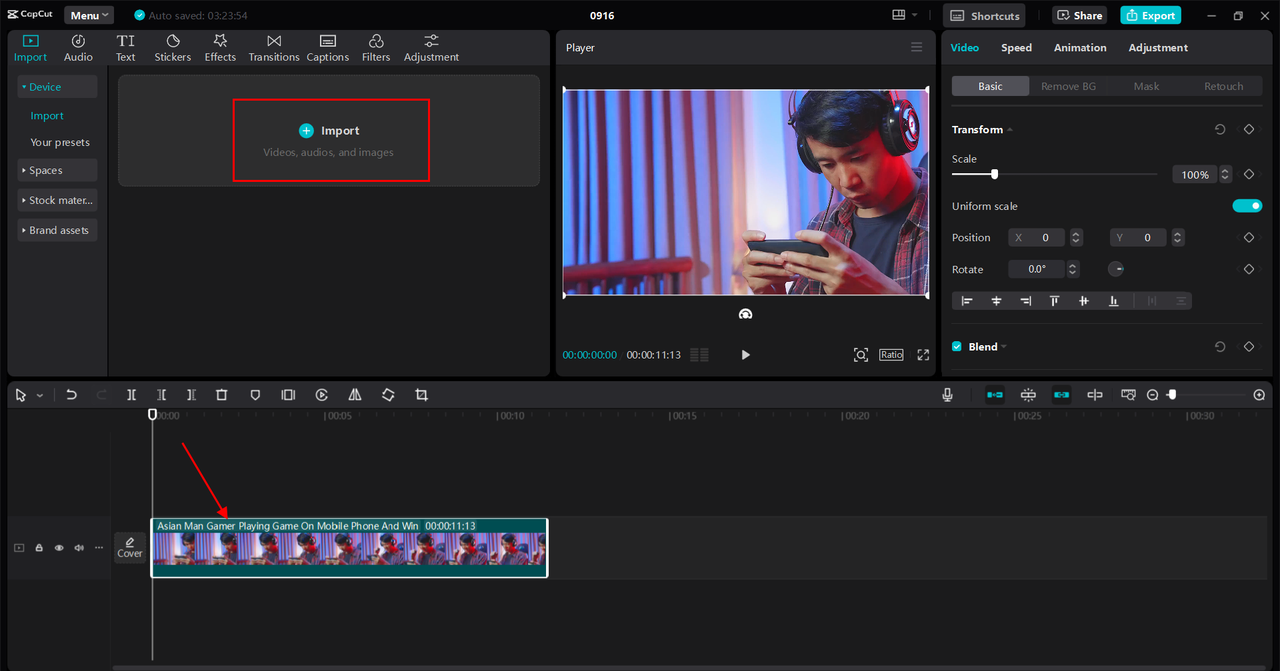 Importing the video into the CapCut desktop video editor