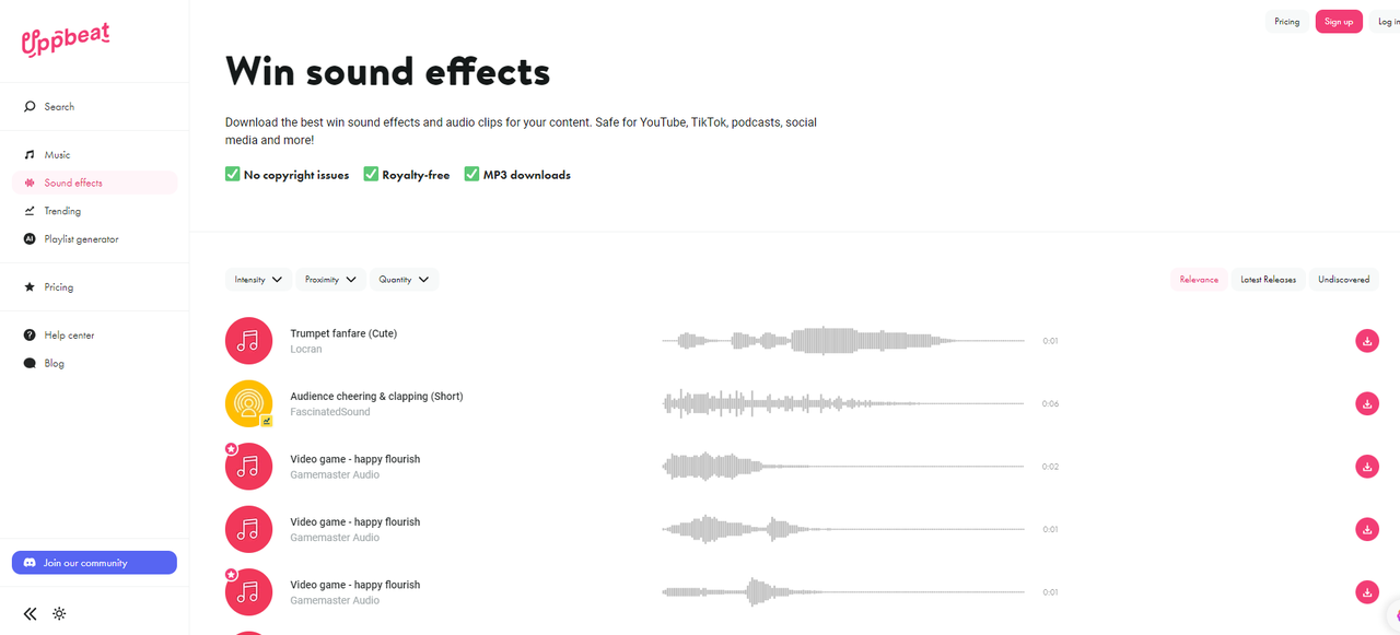 Uppbeat has a list of free winning sound effects