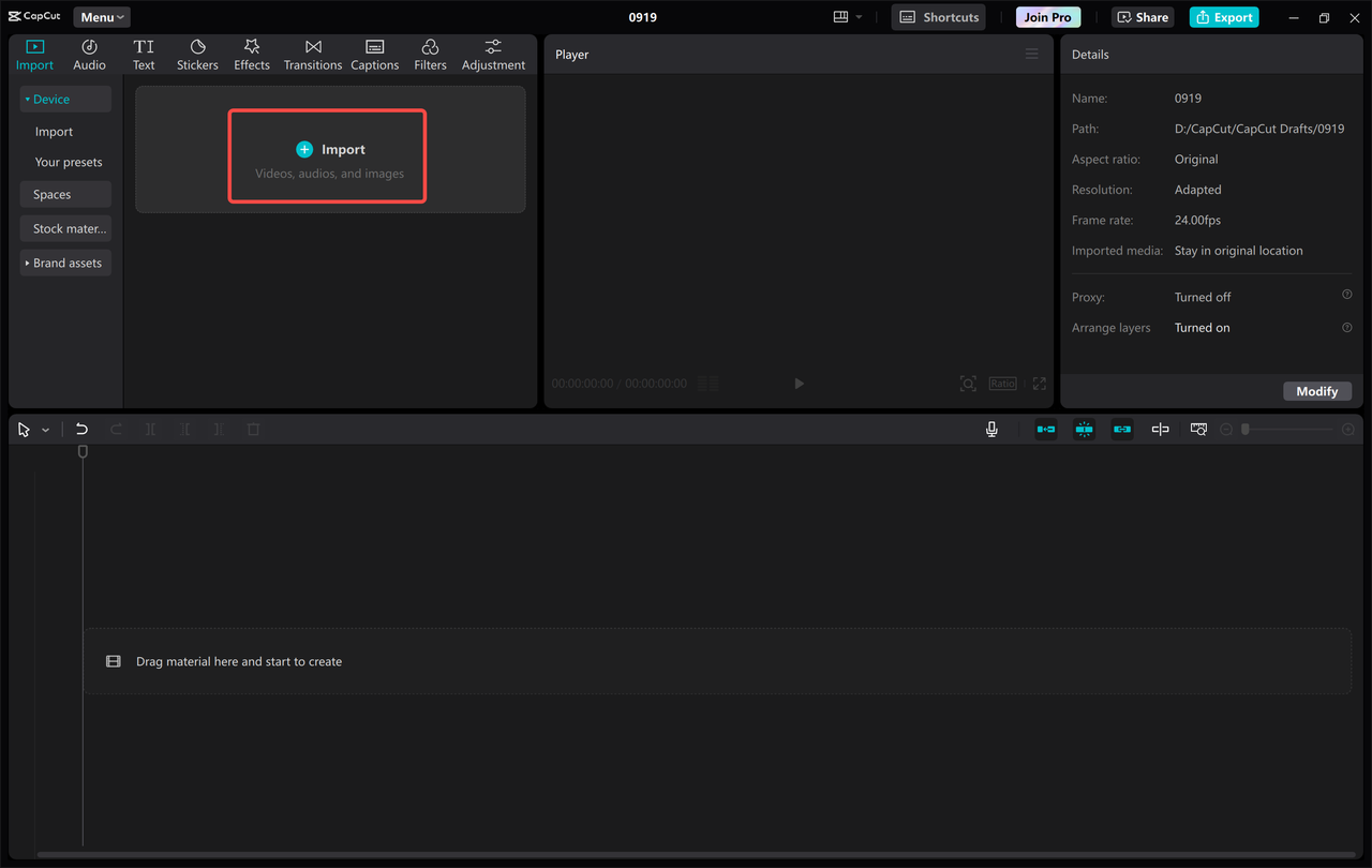 Interface for importing media files in CapCut before adding the Angry Bird sound effect