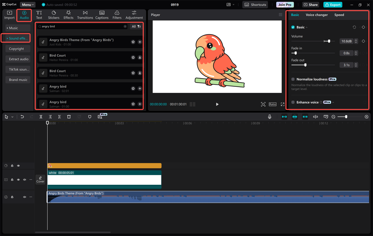 CapCut desktop video editor interface for adding Angry Bird sound effects to videos