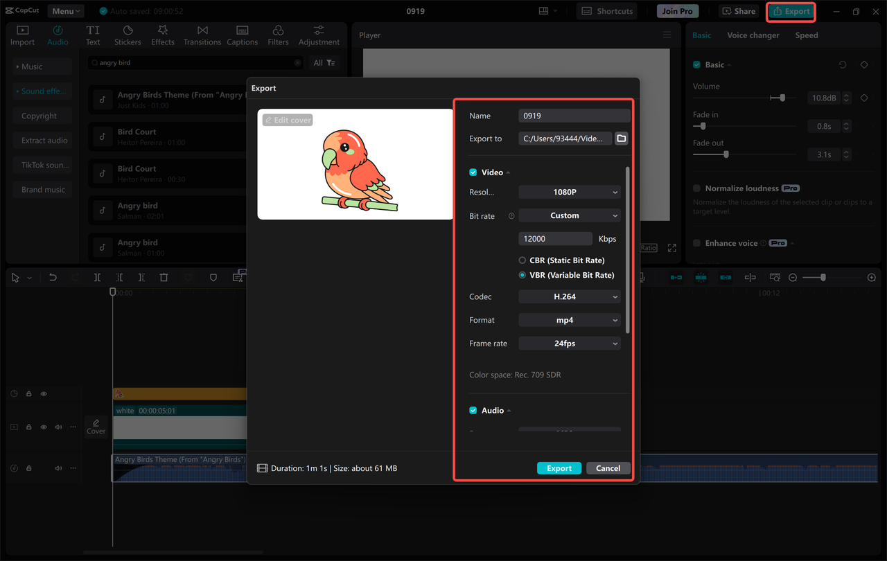 CapCut interface for exporting and sharing media files with adding Angry Bird sound effect