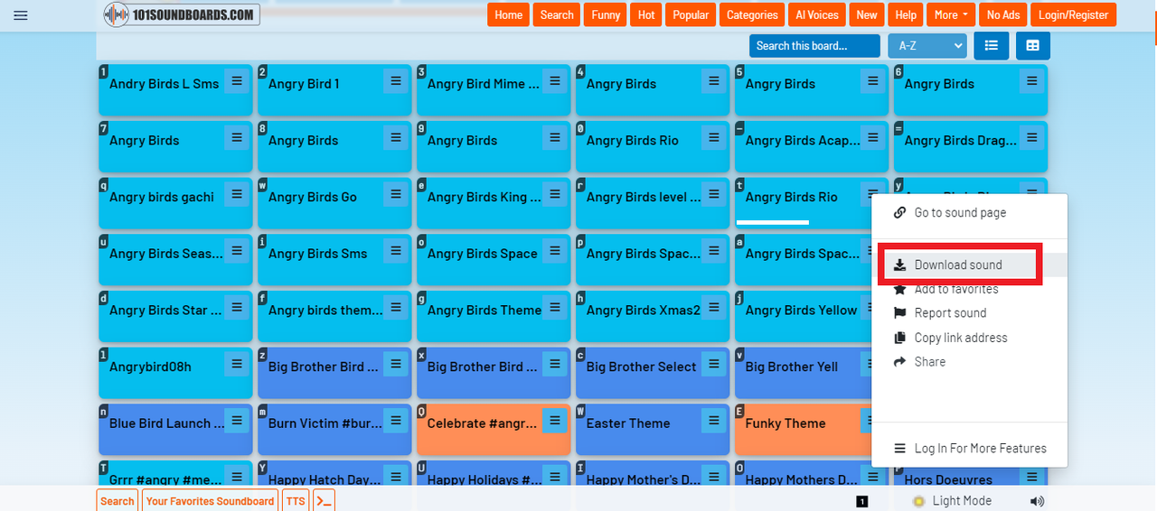 101 Soundboards desktop audio search interface for downloading Angry Bird sound effects