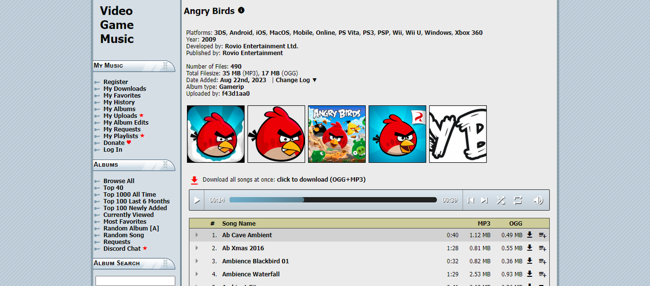 Khinsider desktop audio search interface for downloading Angry Birds sound effect