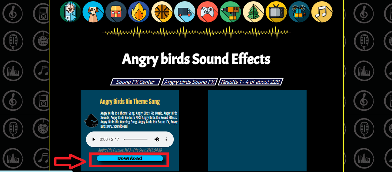 Sound FX Center desktop audio search interface for downloading Angry Birds sound effect