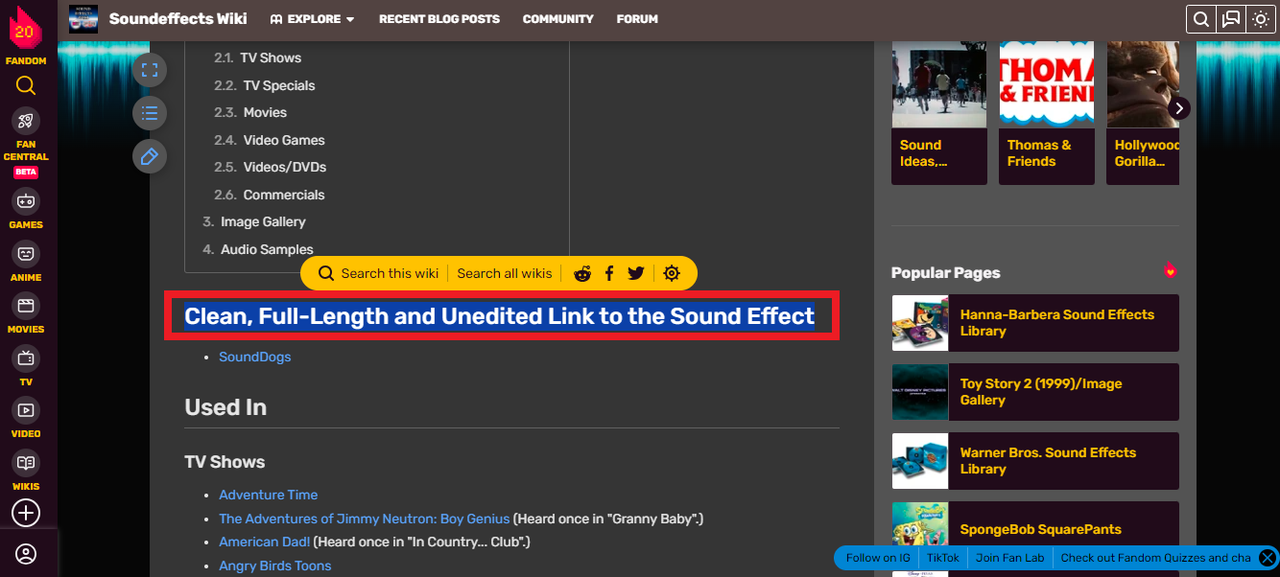 Soundeffects Wiki desktop audio search interface for downloading Angry Bird sound effect