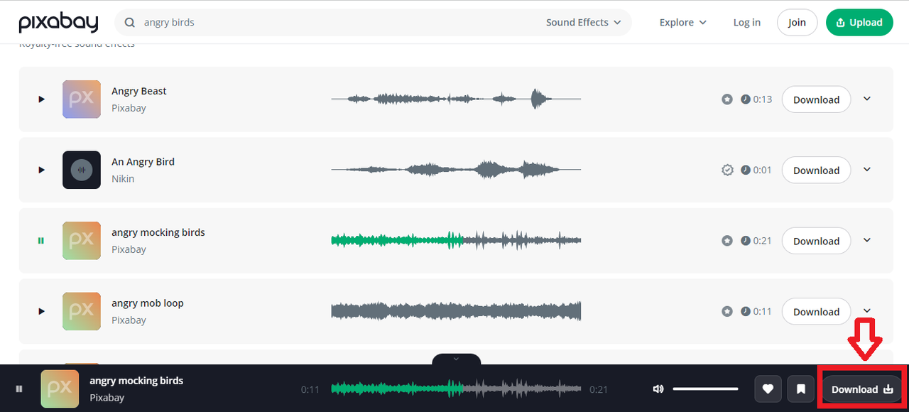 Pixabay desktop audio search interface for downloading Angry Bird sound effect