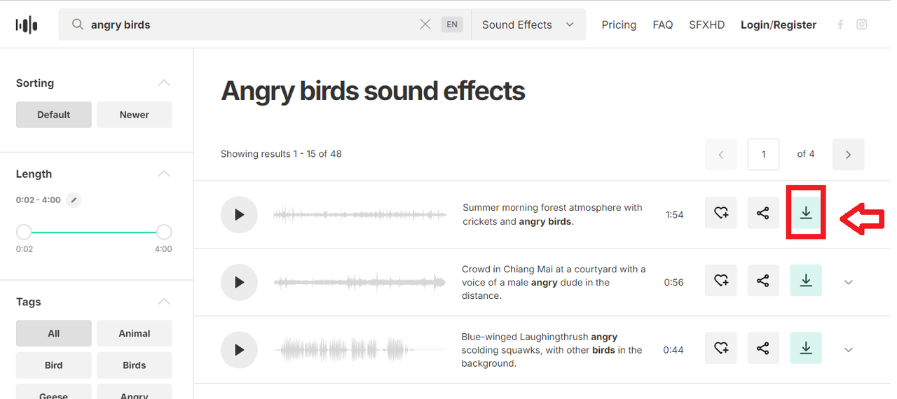 SoundSnap desktop audio search interface for downloading Angry Birds sound effects