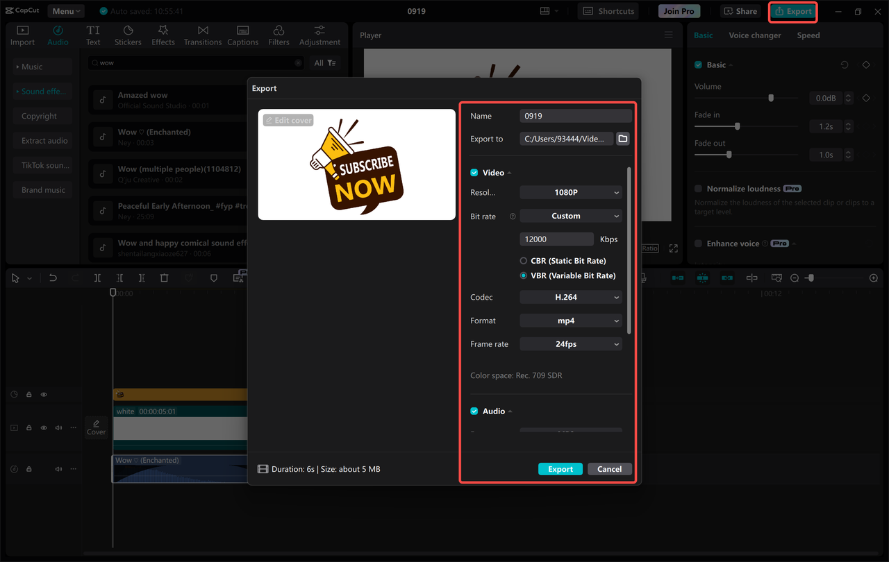 Interface of CapCut to export edited video or audio with wow sound SFX