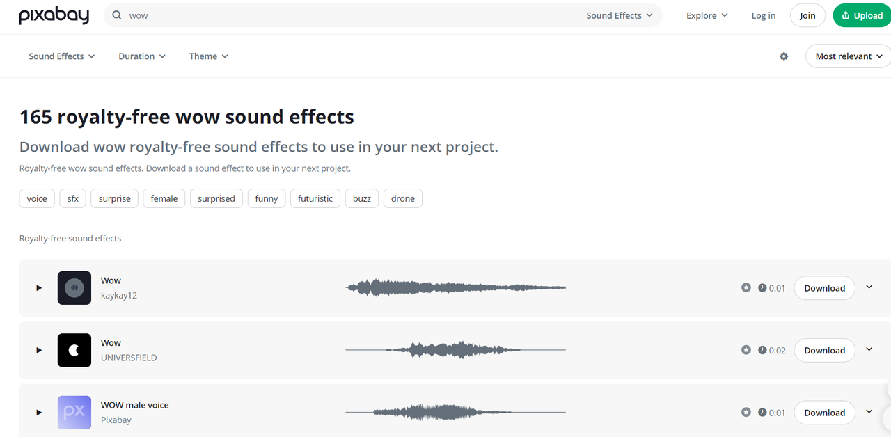 Interface of Pixabay showing wow anime sound effects to download for free