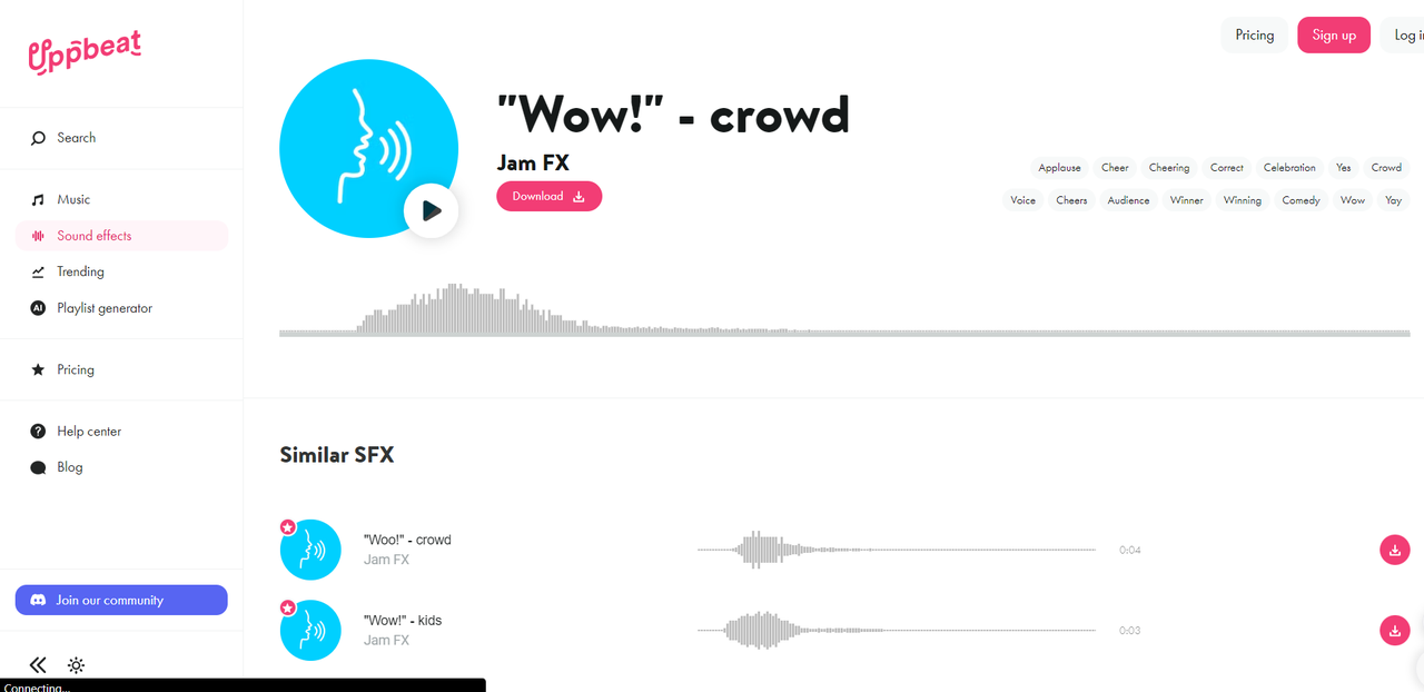 Screenshot of Uppbeat’s sound effect library showing wow crowd sound effect options