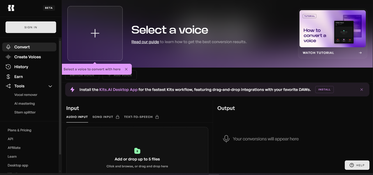 Interface of Kits AI - a standard free AI voice generator for singing