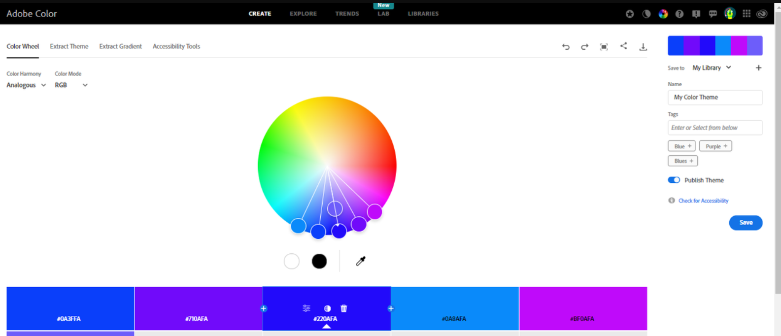 Interface of Adobe Color - the best color palette generator for website designs 