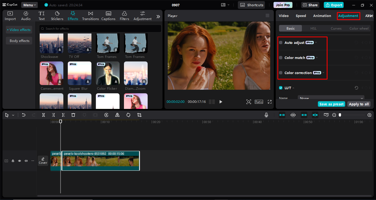 Adjusting the video color using various tools in the CapCut desktop video editor 