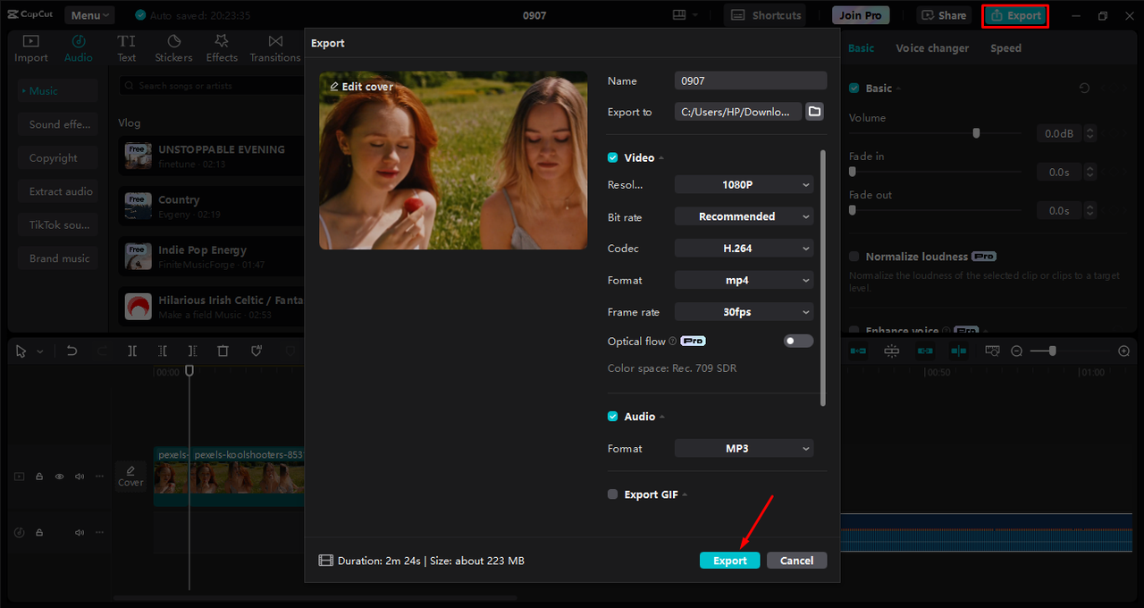 Exporting the video after adjusting the color in the CapCut desktop video editor 