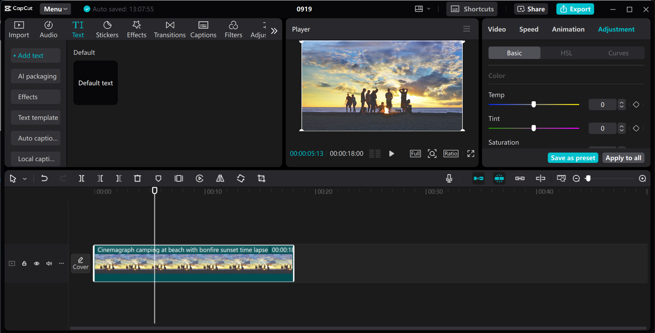 Editing interface of the CapCut desktop video editor - a perfect tool to make a vibrant color video