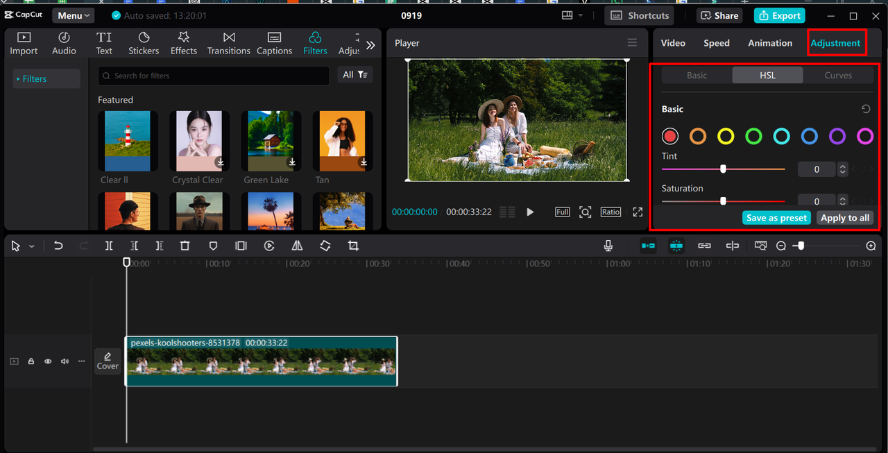 Adjusting the brightness, saturation, and hue in a video in CapCut desktop video editor 