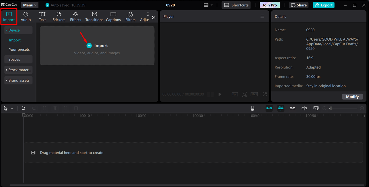 Importing media in the CapCut desktop video editor