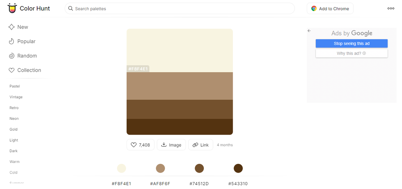 Interface of Color Hunt - a perfect site to find brown color swatches