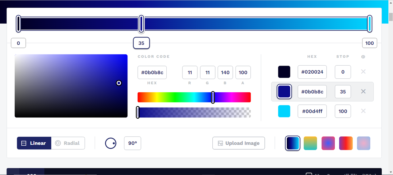 Interface of CSS Gradient - the best tool to create a dark blue color swatch