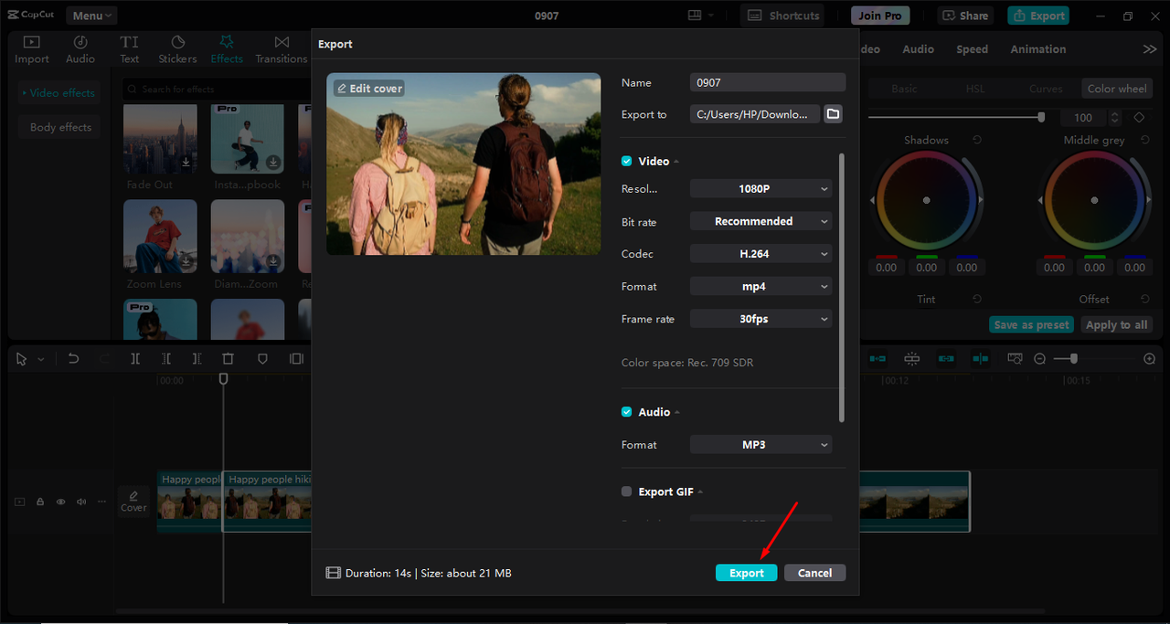 Exporting the video after enhancing it with blue color swatches in the CapCut desktop video editor