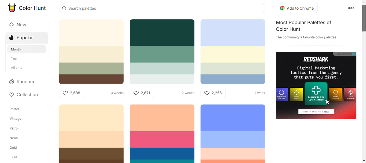 Interface of the Color Hunt - the popular tool to create blue color swatches