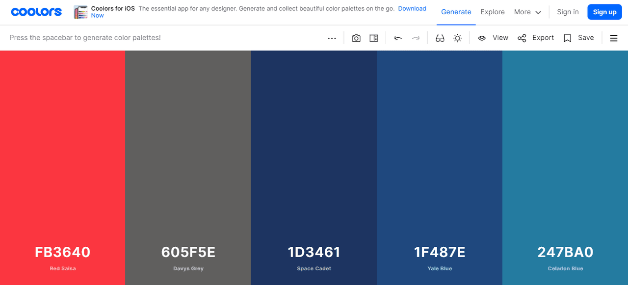 Interface of the Coolors - a well-known tool for creating blue swatches