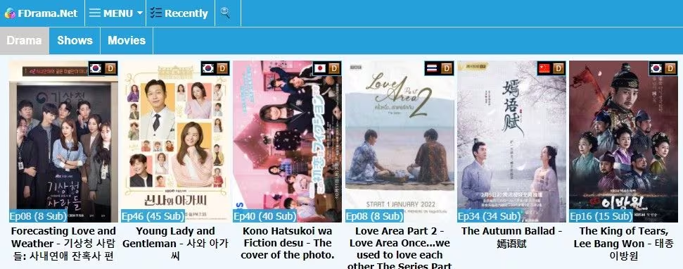 Interface of FDrama - a well-known website to get Korean romantic movies with English subtitles downloaded