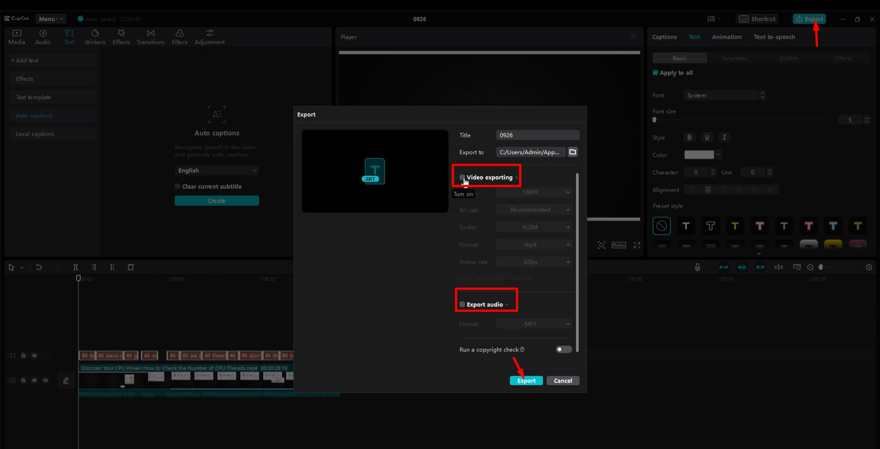 Exporting subtitles from the CapCut desktop video editor