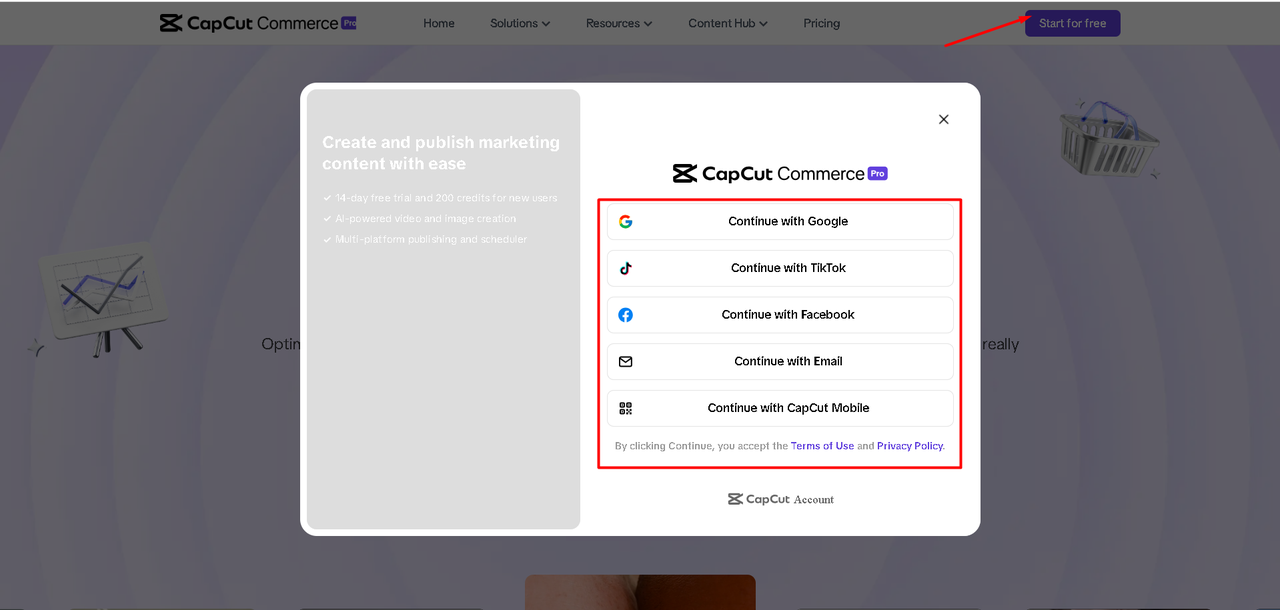 Signing in to CapCut Commerce Pro