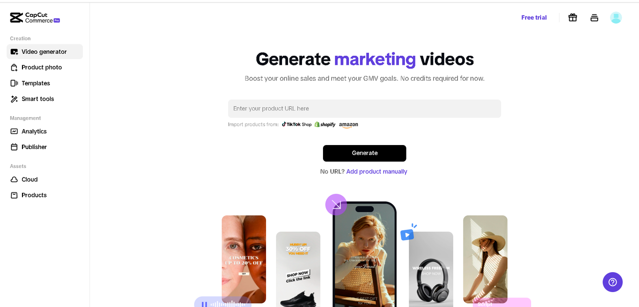 Interface of CapCut Commerce Pro - the best video ad maker