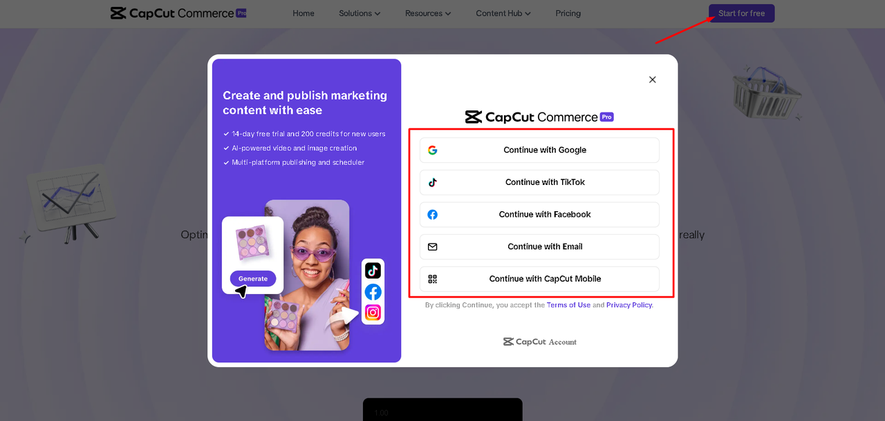 Signing in to CapCut Commerce Pro