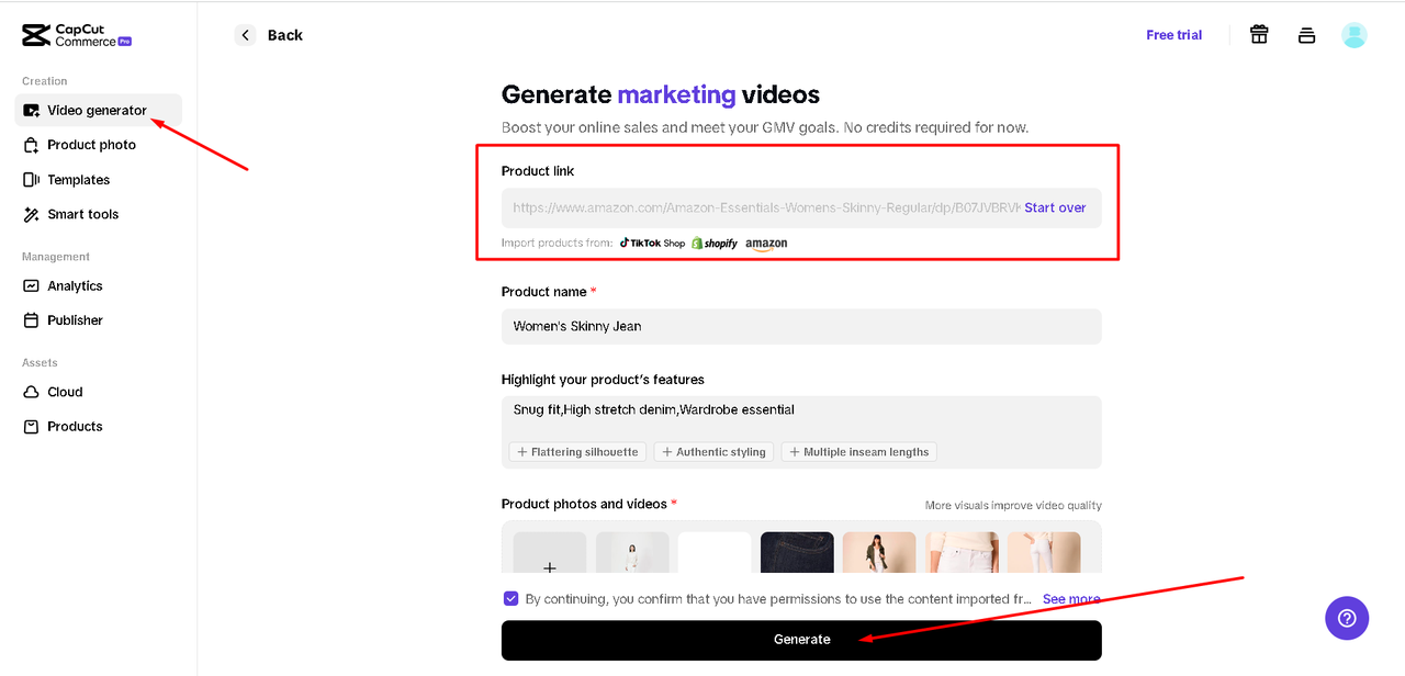 Generating ad video using CapCut Commerce Pro