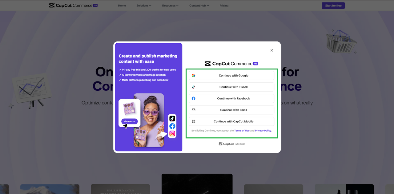 Sign up for CapCut Commerce Pro