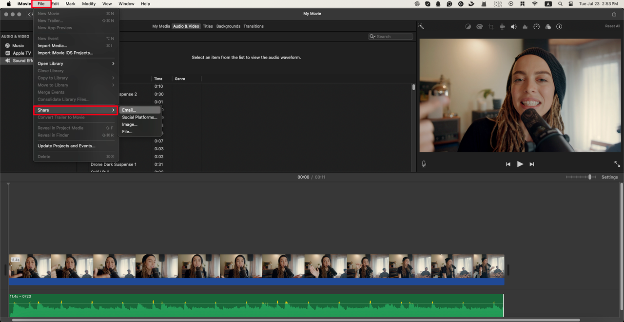 iMovie export the project