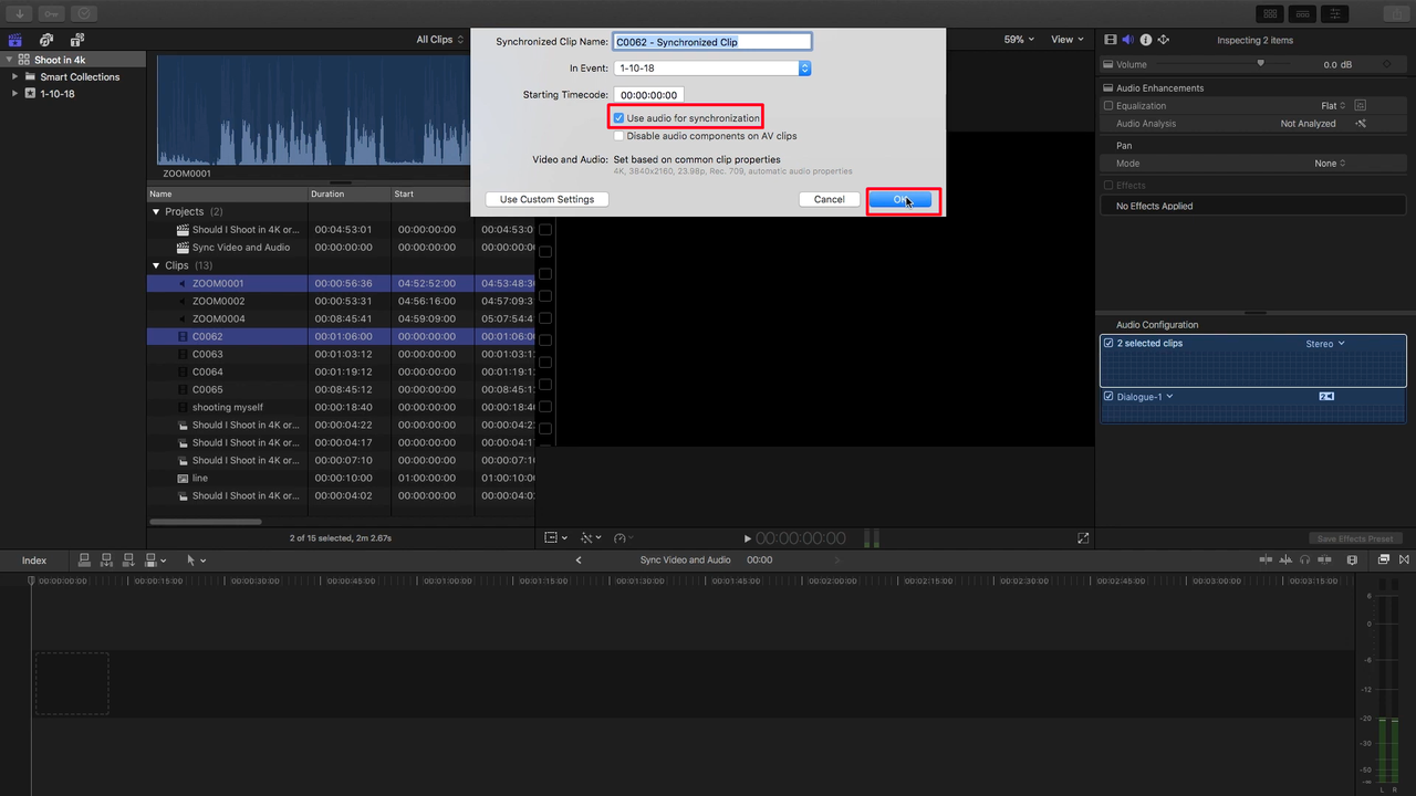 Final Cut Pro X Synchronize confirm