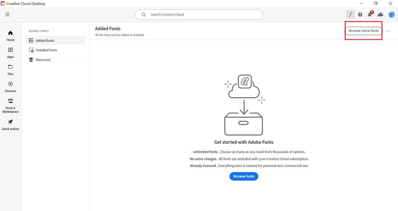 "Browse more fonts" on Creative Cloud Desktop