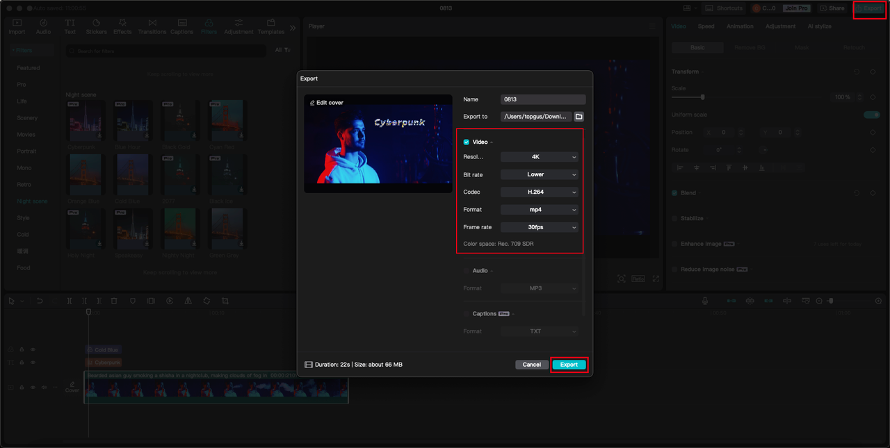 Image showing CapCut's export options or windows