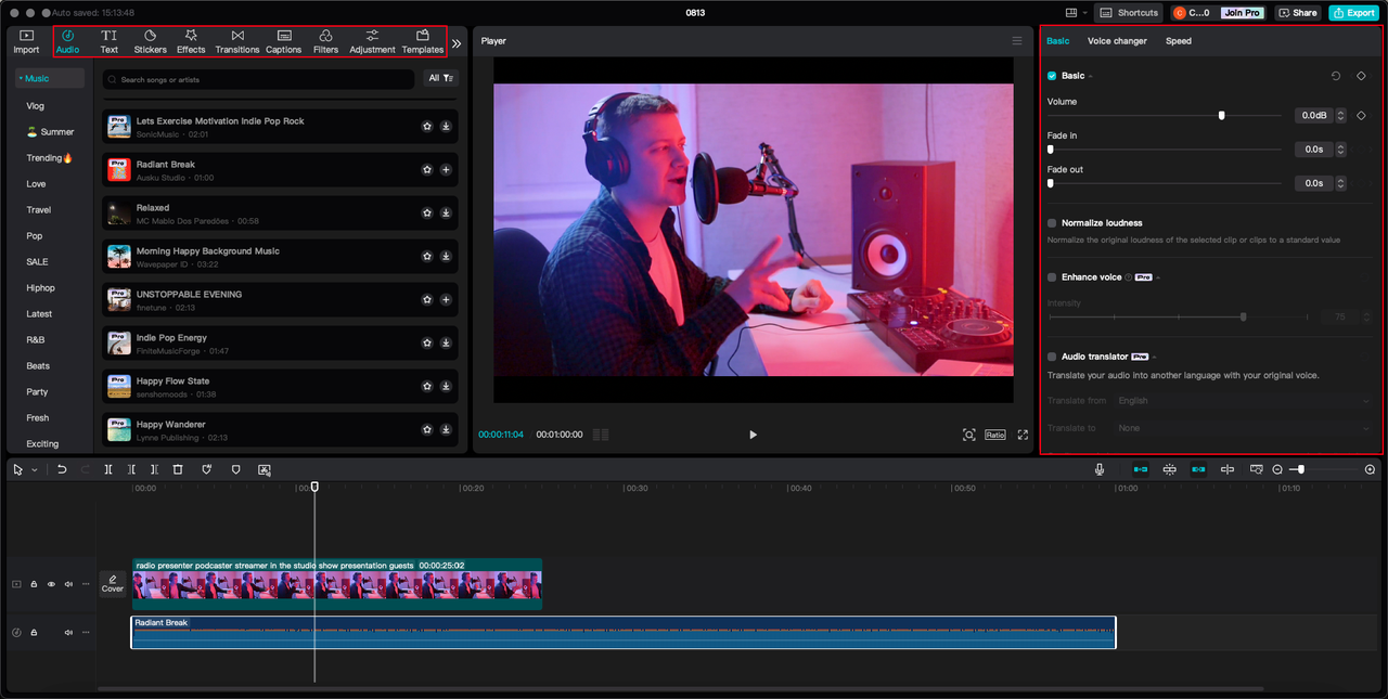 Editing video and audio using CapCut