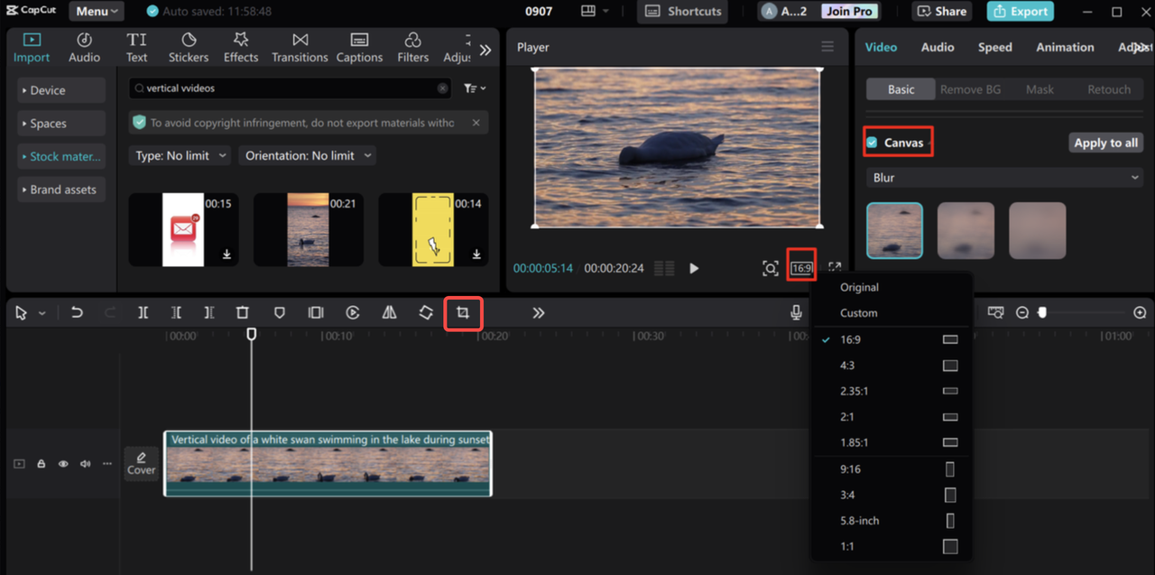 Converting portrait video to landscape in the CapCut desktop video editor