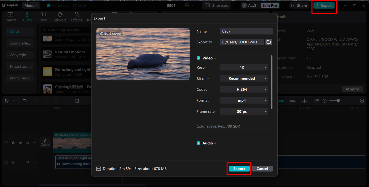 Exporting the landscape video from the CapCut desktop video editor