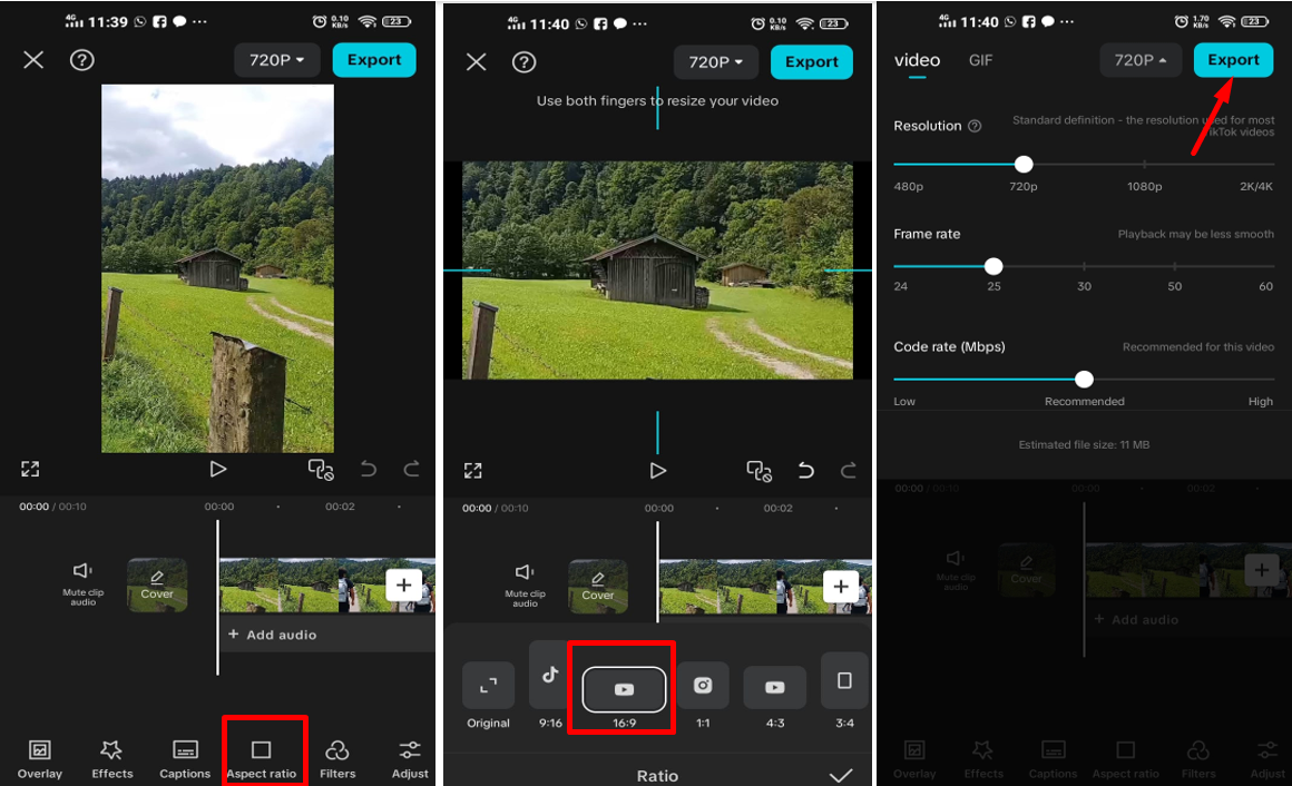 Interface showing how to change video from portrait to landscape in CapCut mobile app